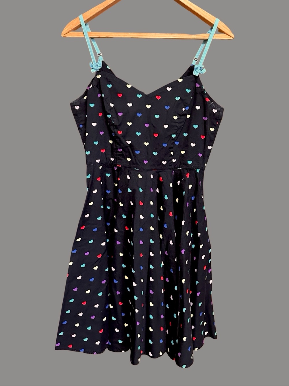 Hell Bunny Retro Rainbow Heart Print Fit Flare Cotton Dress Pockets Size Medium